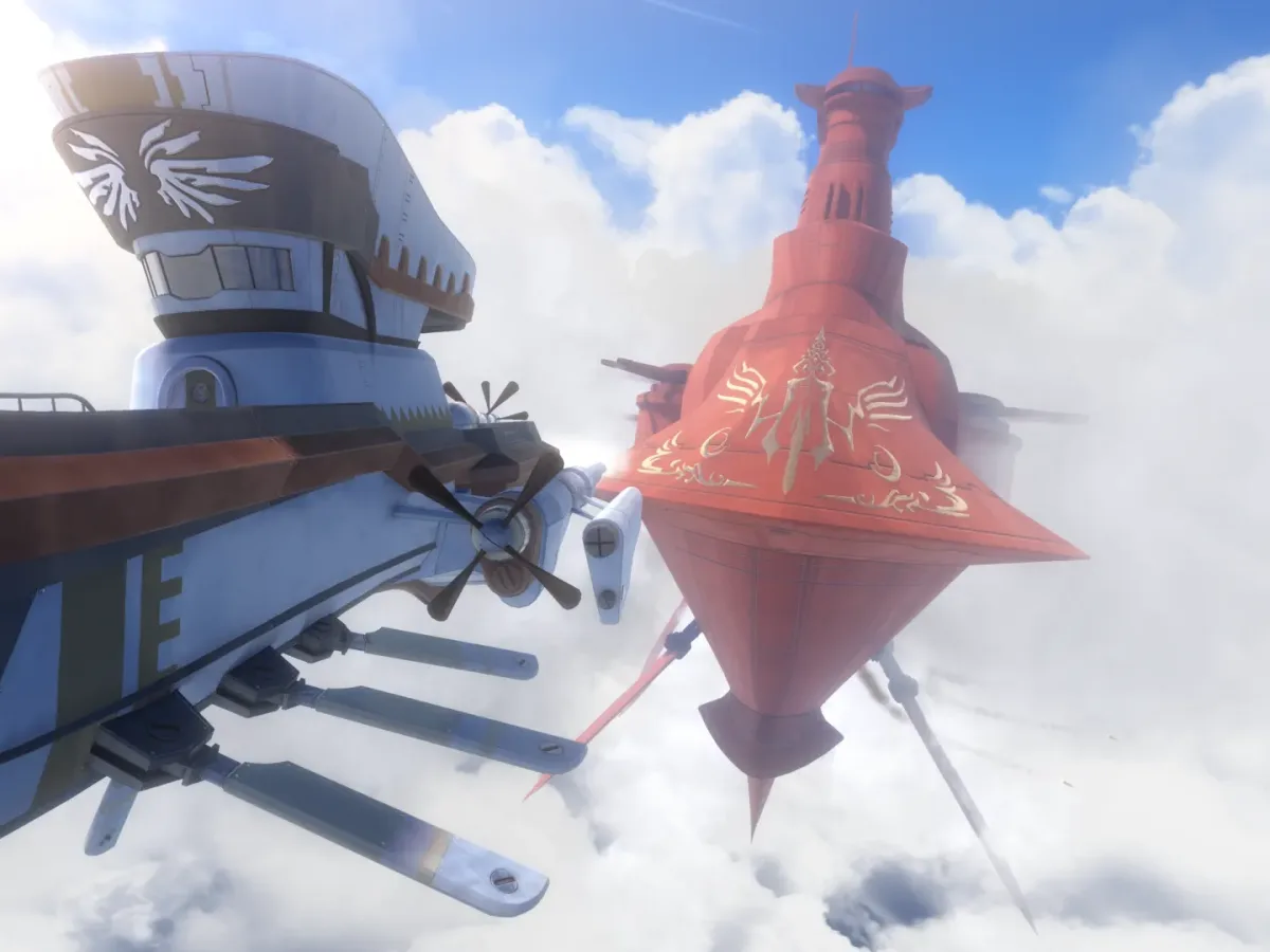 Two ornate airships fly above a layer of white clouds in Trails in the Sky 2nd Chapter.