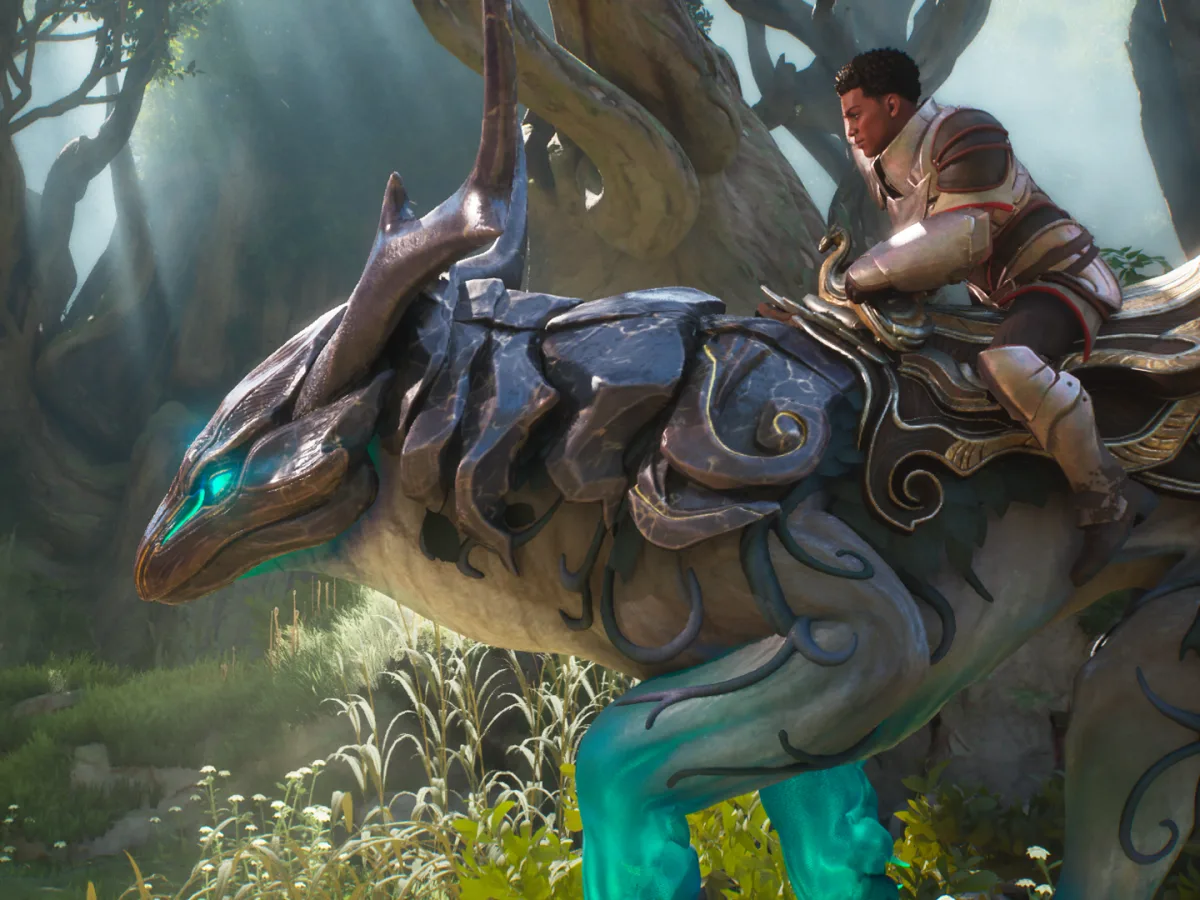 An armoured rider travels through a sunlit forest on a horned spirit mount.