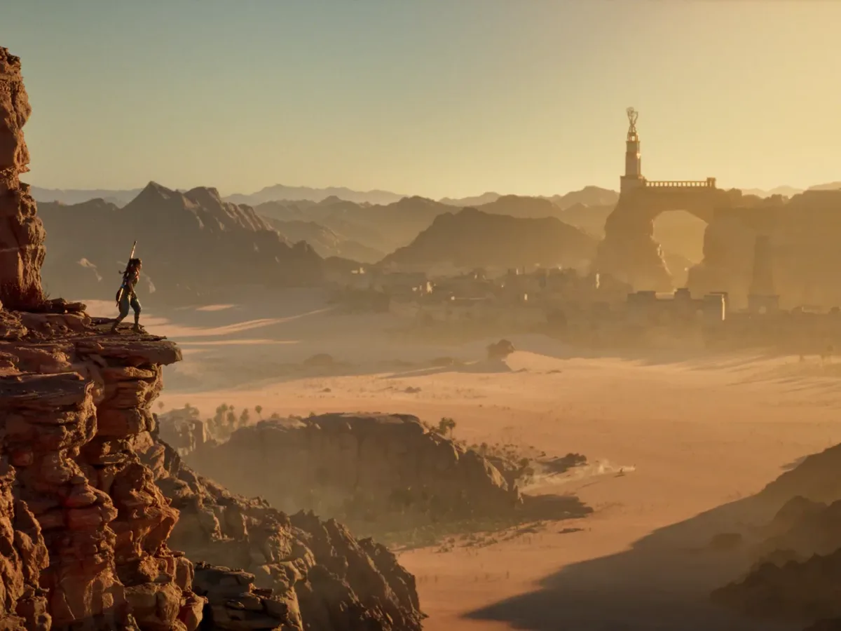 A lone traveller stands on a rocky ledge above a sunlit desert valley and distant city.