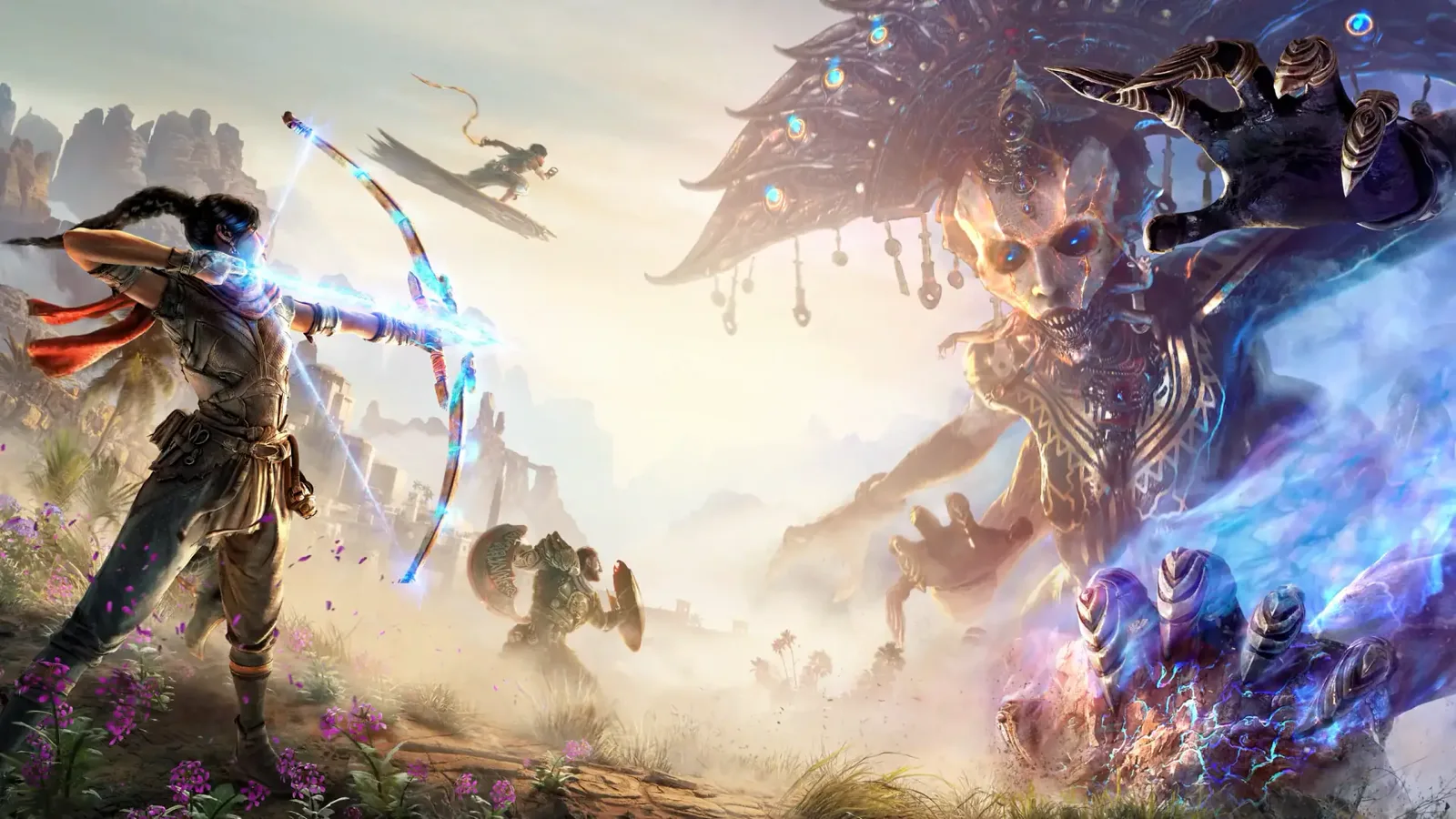 Three fighters confront a huge armoured jinn in an Arabian-fantasy landscape.