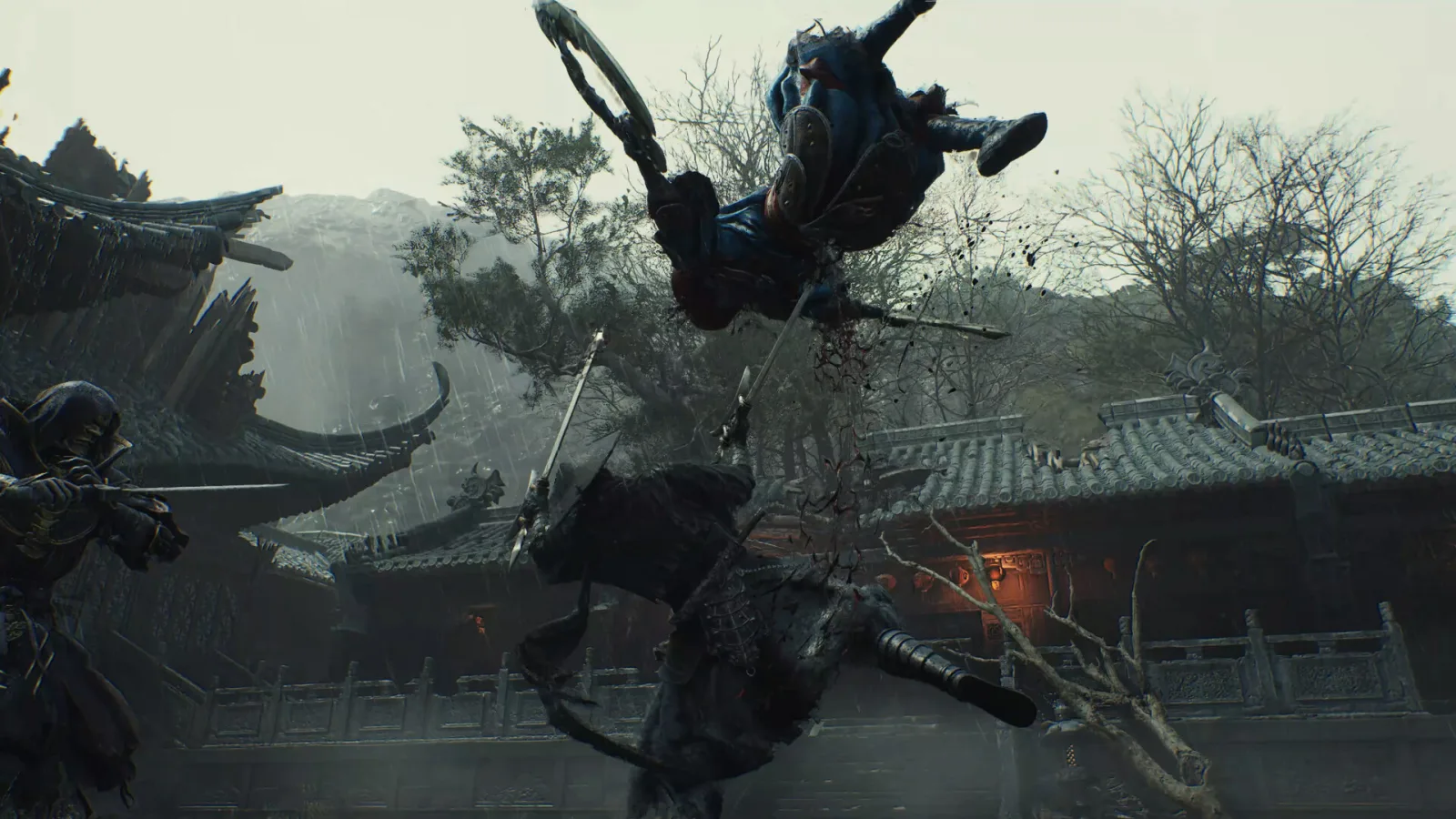 Soul fights armoured enemies in a rain-soaked village, launching one opponent into the air.