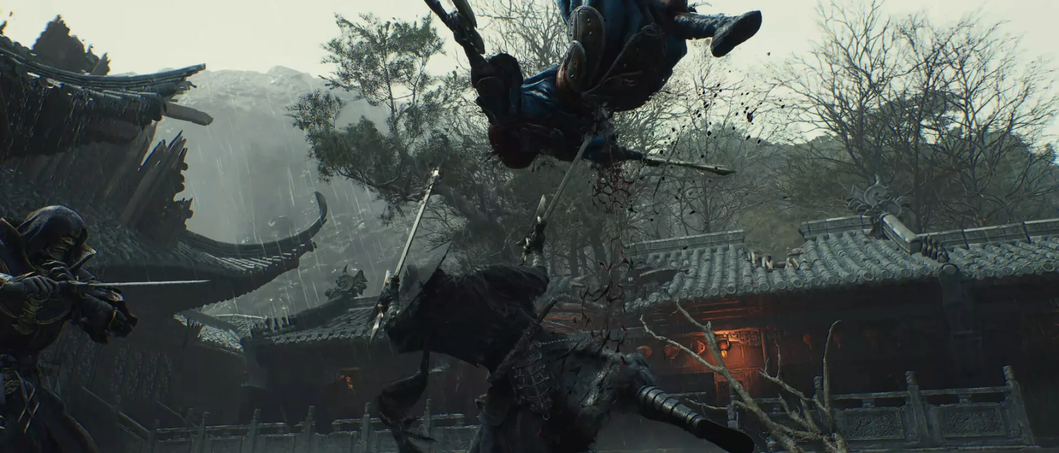 Soul fights armoured enemies in a rain-soaked village, launching one opponent into the air.