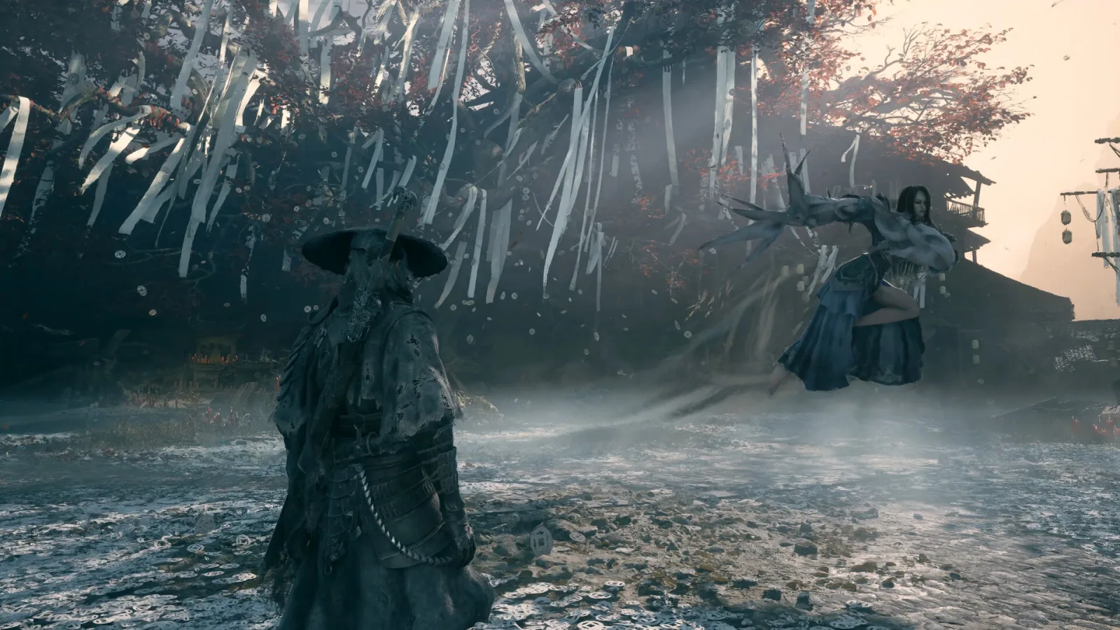 Soul faces a woman with a bladed weapon in a shrine courtyard filled with hanging paper strips.