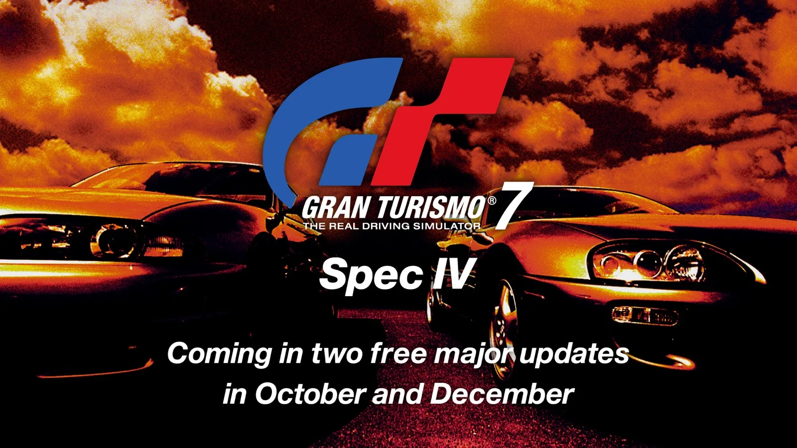 Gran Turismo 7 Spec IV promotional image showing two sports cars beneath the Gran Turismo logo.