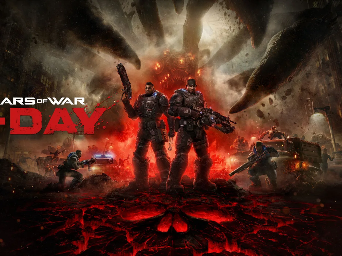 Marcus Fenix and Dominic Santiago stand amid the destruction of Kalona during the Locust invasion.