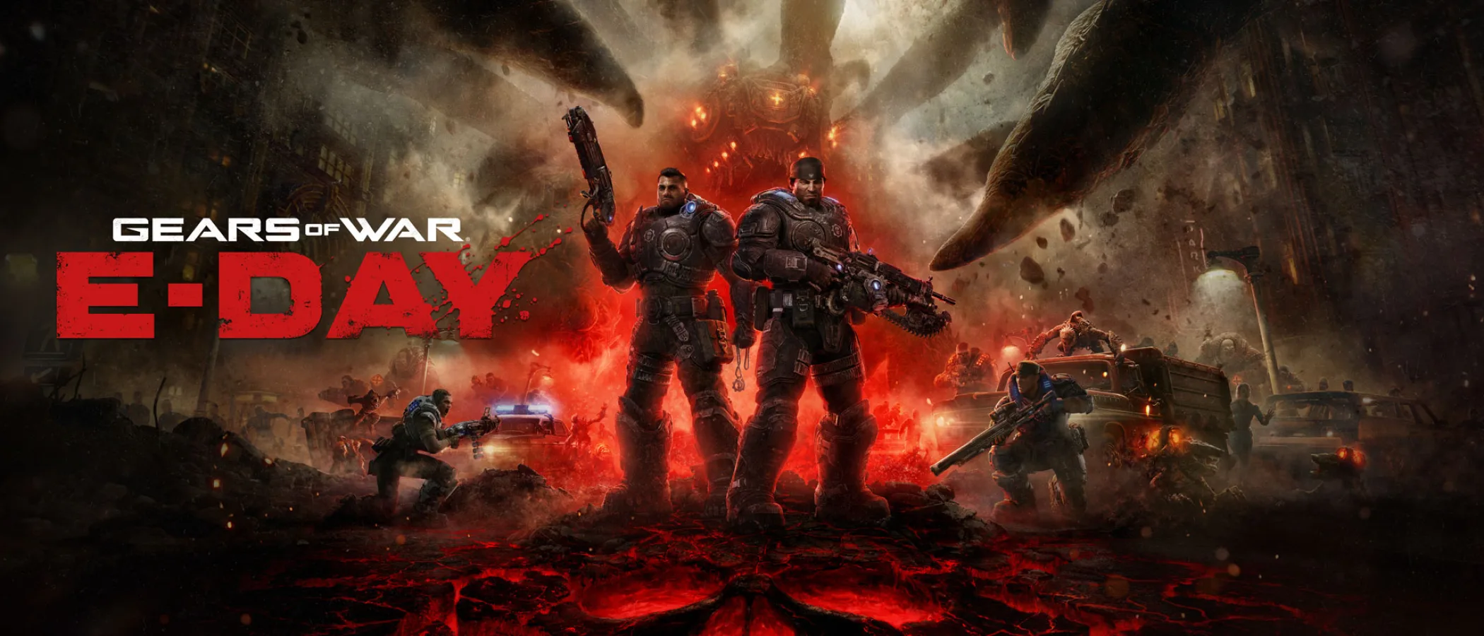 Marcus Fenix and Dominic Santiago stand amid the destruction of Kalona during the Locust invasion.