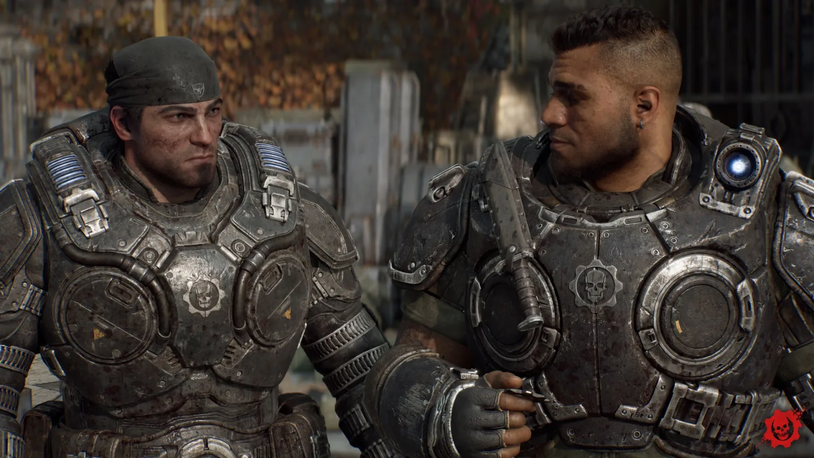 Marcus Fenix and Dominic Santiago stand together during the first days of the Kalona invasion.